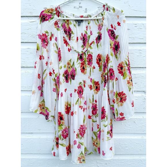 Ninety Clothing Co Top Floral Womens 2X Pink Floral Sheer Boho Flare Festival - Picture 1 of 5